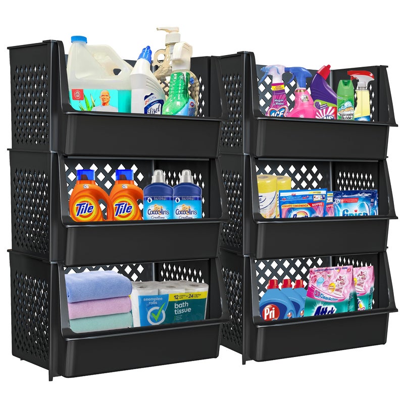 Skywin TidyFriend Plastic Stackable Bins for Pantry, 6 Pack Large Stacking Bins Open Front Kitchen, and Bathroom Organization, Open Front Design (Black) - Image 1