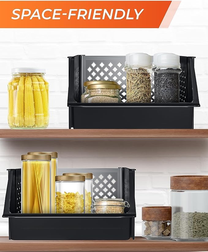 Skywin TidyFriend Plastic Stackable Bins for Pantry, 6 Pack Large Stacking Bins Open Front Kitchen, and Bathroom Organization, Open Front Design (Black) - Image 5