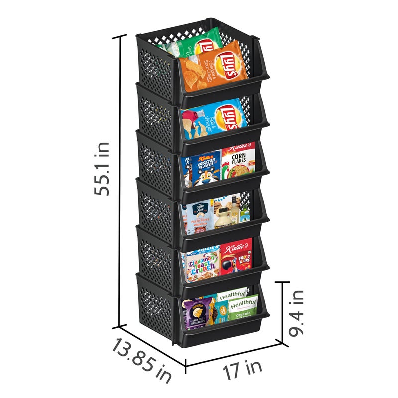 Skywin TidyFriend Plastic Stackable Bins for Pantry, 6 Pack Large Stacking Bins Open Front Kitchen, and Bathroom Organization, Open Front Design (Black) - Image 2