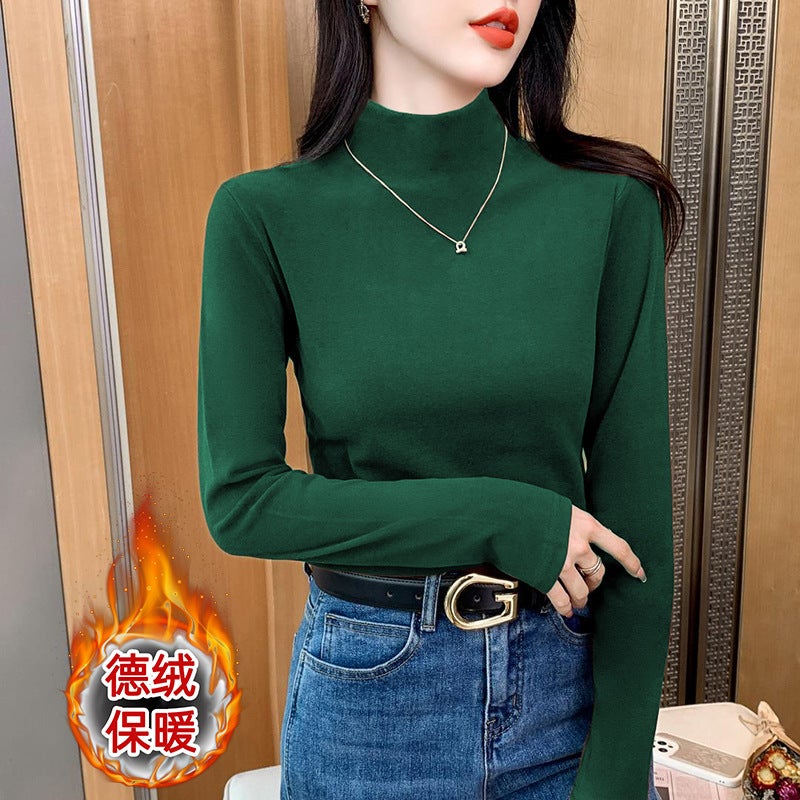 Suit jacket inner top Maillard style long-sleeved T-shirt womens bottoming shirt autumn and winter double-sided velvet half turtleneck Apricot - Image 3