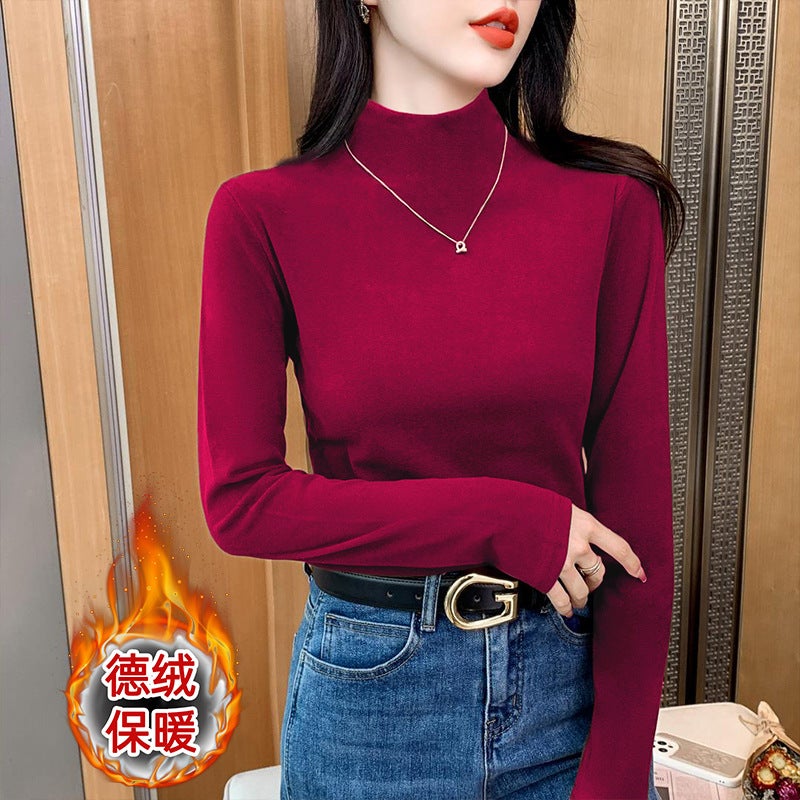 Suit jacket inner top Maillard style long-sleeved T-shirt womens bottoming shirt autumn and winter double-sided velvet half turtleneck Apricot - Image 2