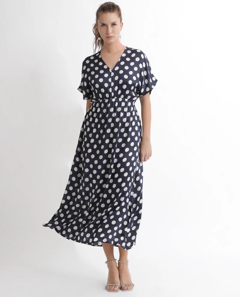 Rareism Women's Polka Dot V-Neck Midi Dress