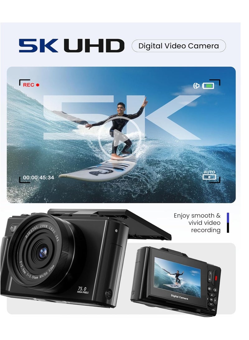 Generic 5K Digital Camera, 75MP Cameras Digital for Photography, Point and Shoot Camara Vlogging Camera with 64GB SD Card, 18X Digital Cameras with 3" 180° Flip Screen, Wide Angle & Macro Lens, Compact Travel Camera for Beginner Gift  - Image 2