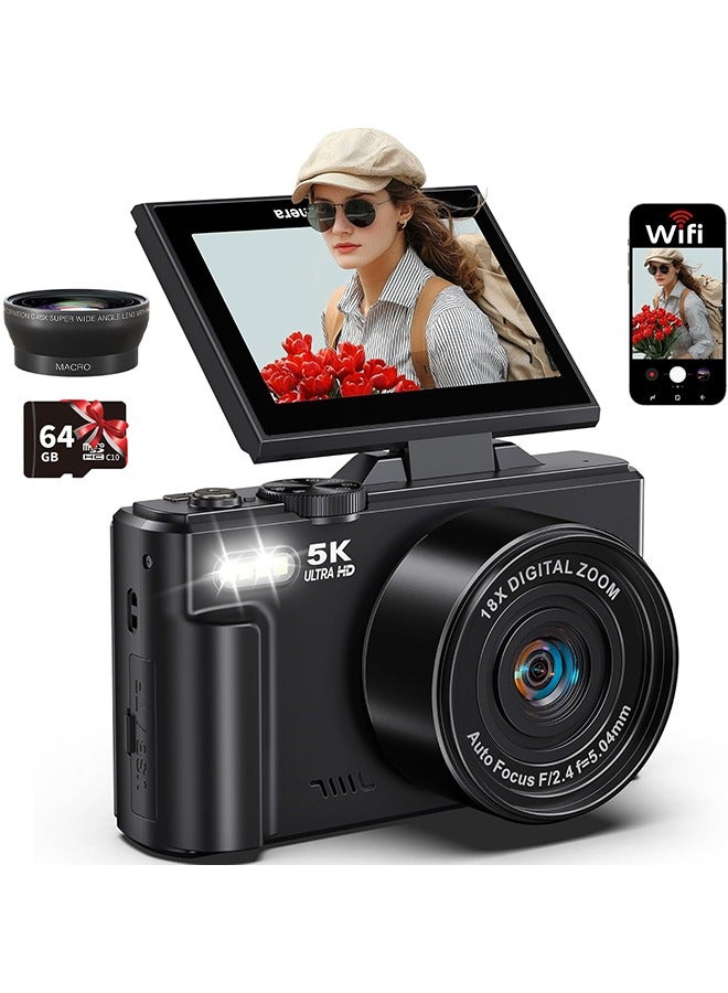 Generic 5K Digital Camera, 75MP Cameras Digital for Photography, Point and Shoot Camara Vlogging Camera with 64GB SD Card, 18X Digital Cameras with 3" 180° Flip Screen, Wide Angle & Macro Lens, Compact Travel Camera for Beginner Gift  - Image 1