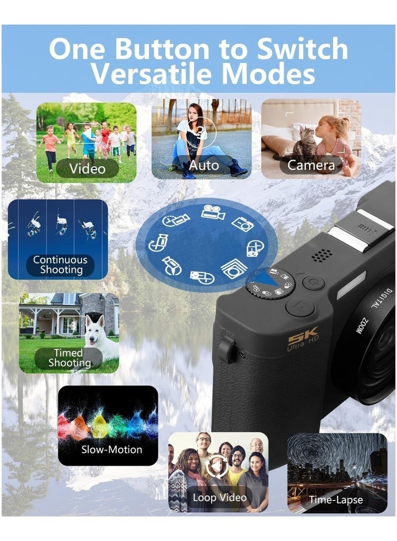 5K Digital Camera with 64GB TF Card, 75MP Cameras Digital for Photography, 18X Zoom Point and Shoot Vlogging Camcorder for YouTube, 3" 180° Flip Screen & Wide-Angle Lens – Ideal Beginner Gift - Image 2