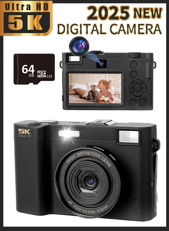 5K Digital Camera with 64GB TF Card, 75MP Cameras Digital for Photography, 18X Zoom Point and Shoot Vlogging Camcorder for YouTube, 3" 180° Flip Screen & Wide-Angle Lens – Ideal Beginner Gift - Image 1