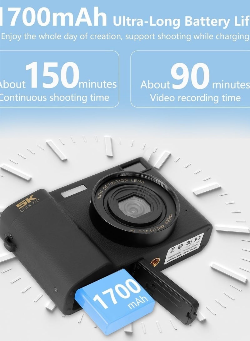 5K Digital Camera with 64GB TF Card, 75MP Cameras Digital for Photography, 18X Zoom Point and Shoot Vlogging Camcorder for YouTube, 3" 180° Flip Screen & Wide-Angle Lens – Ideal Beginner Gift - Image 4