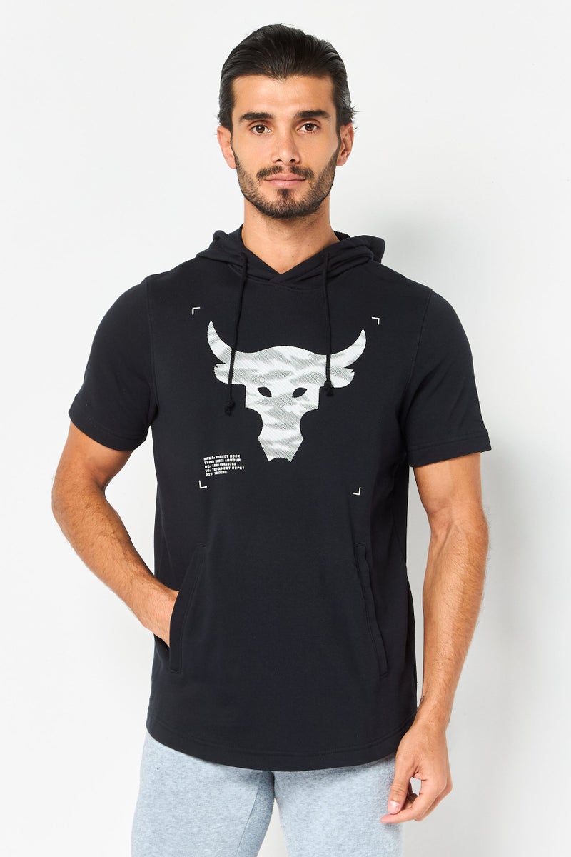 UNDER ARMOUR هودي قصير الأكمام فضفاض للرجال من مشروع روك، أسود - Image 1