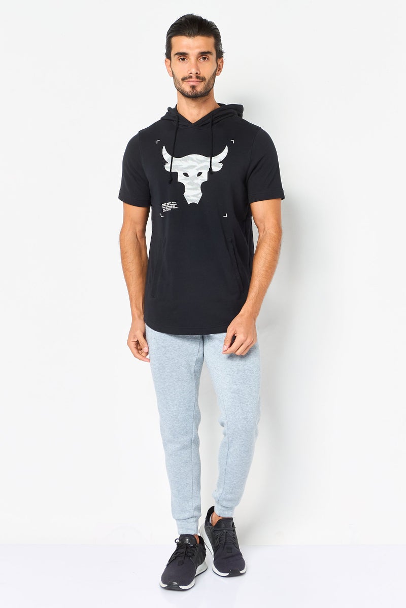 UNDER ARMOUR هودي قصير الأكمام فضفاض للرجال من مشروع روك، أسود - Image 3