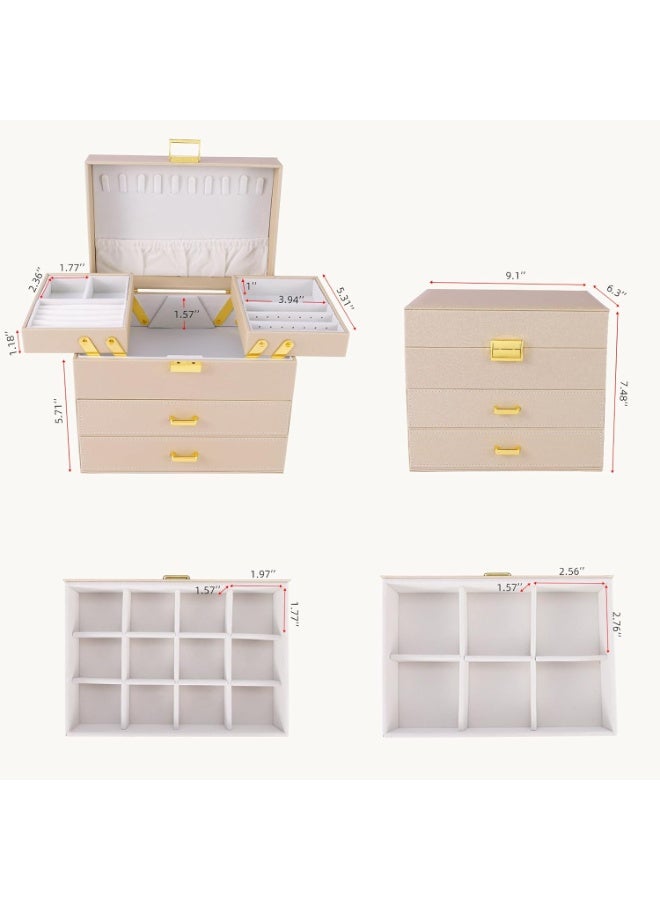 JOYBOS صندوق مجوهرات للنساء، صندوق منظم مجوهرات كبير من 3 طبقات، صندوق مجوهرات من الجلد الصناعي، فكرة هدية لعيد الحب، عيد الميلاد، عيد الأم، حافظة تخزين مجوهرات للأقراط والخاتم والقلادة والأساور (شامبانيا) - Image 4