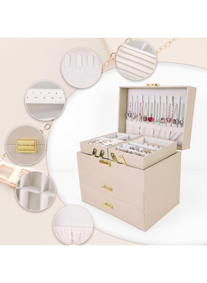 JOYBOS صندوق مجوهرات للنساء، صندوق منظم مجوهرات كبير من 3 طبقات، صندوق مجوهرات من الجلد الصناعي، فكرة هدية لعيد الحب، عيد الميلاد، عيد الأم، حافظة تخزين مجوهرات للأقراط والخاتم والقلادة والأساور (شامبانيا) - Image 5