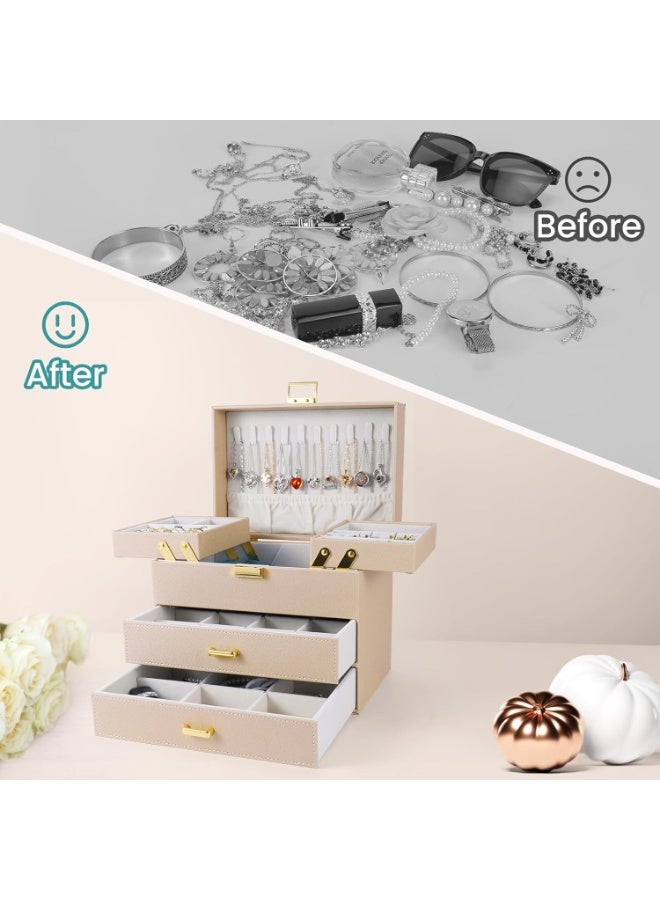 JOYBOS صندوق مجوهرات للنساء، صندوق منظم مجوهرات كبير من 3 طبقات، صندوق مجوهرات من الجلد الصناعي، فكرة هدية لعيد الحب، عيد الميلاد، عيد الأم، حافظة تخزين مجوهرات للأقراط والخاتم والقلادة والأساور (شامبانيا) - Image 3