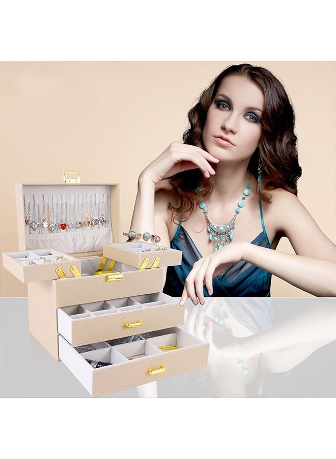 JOYBOS صندوق مجوهرات للنساء، صندوق منظم مجوهرات كبير من 3 طبقات، صندوق مجوهرات من الجلد الصناعي، فكرة هدية لعيد الحب، عيد الميلاد، عيد الأم، حافظة تخزين مجوهرات للأقراط والخاتم والقلادة والأساور (شامبانيا) - Image 2