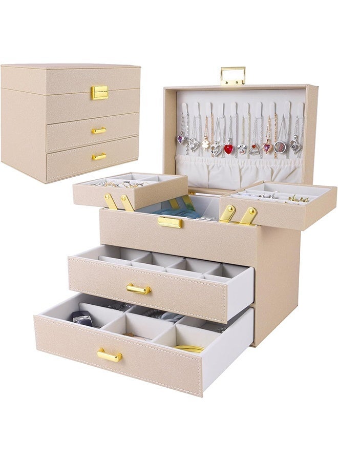JOYBOS صندوق مجوهرات للنساء، صندوق منظم مجوهرات كبير من 3 طبقات، صندوق مجوهرات من الجلد الصناعي، فكرة هدية لعيد الحب، عيد الميلاد، عيد الأم، حافظة تخزين مجوهرات للأقراط والخاتم والقلادة والأساور (شامبانيا) - Image 1