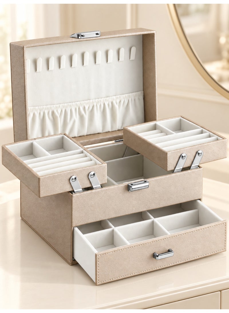 Joybos 3-Layer Jewelry Box Organizer for Women, Large PU Leather Jewelry Storage Case with Drawer, Movable Side Trays, Necklace Hooks, Ring Slots and Earring Holder, Champagne - Image 1