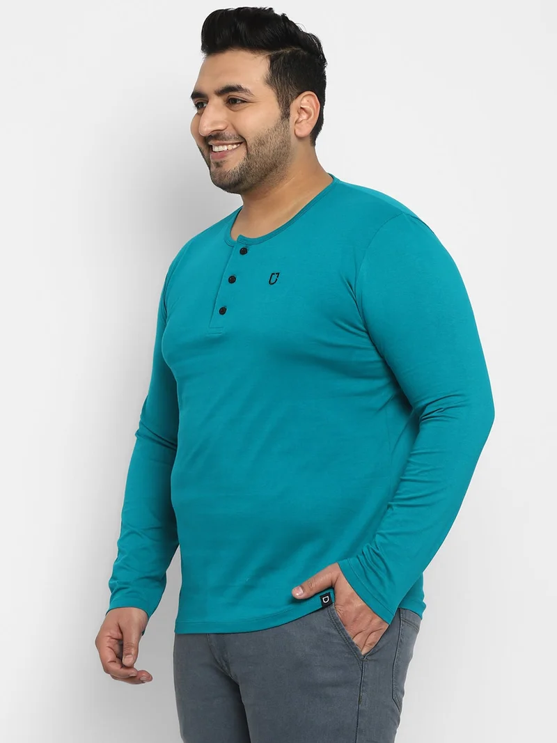 Urbano Fashion  Urbano Plus Men's Teal Green Solid Henley Neck Regular Fit Full Sleeve Cotton T-Shirt  | Best Price UAE