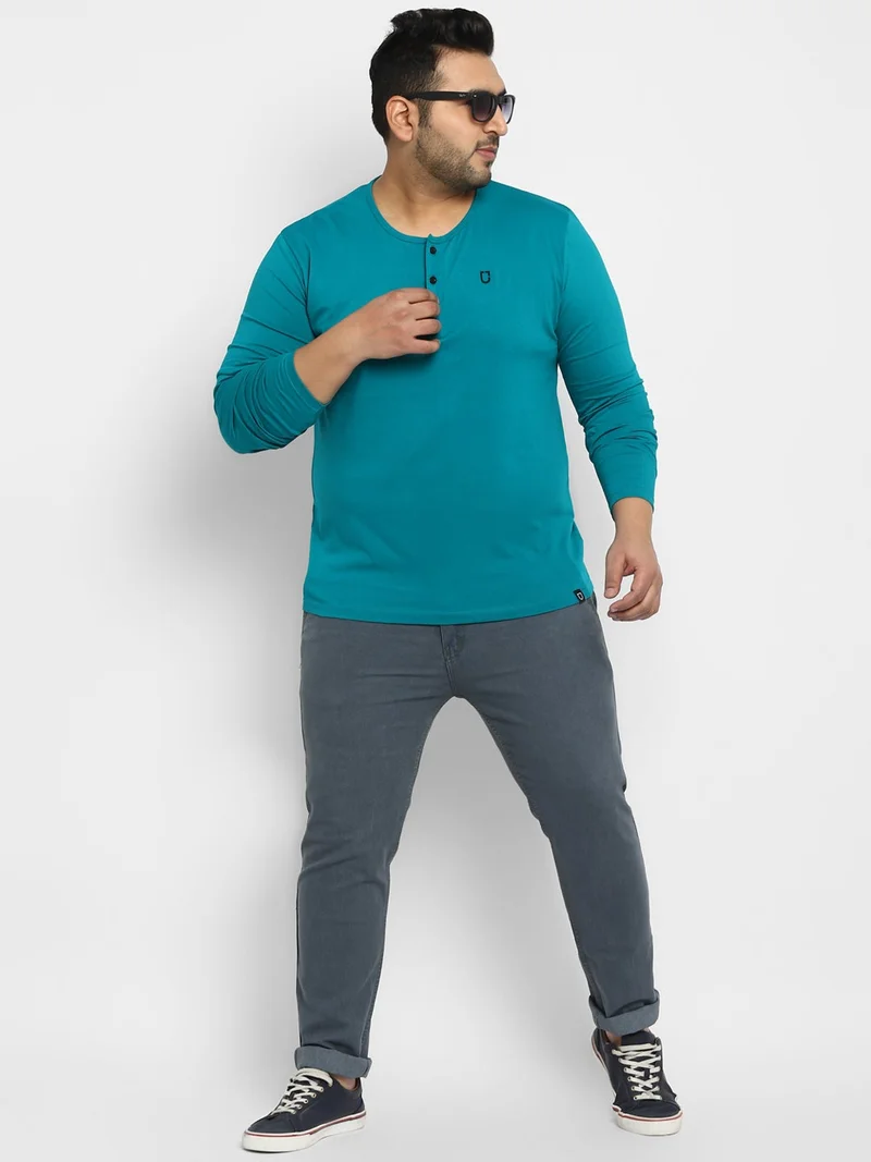 Urbano Fashion  Urbano Plus Men's Teal Green Solid Henley Neck Regular Fit Full Sleeve Cotton T-Shirt  | Best Price UAE