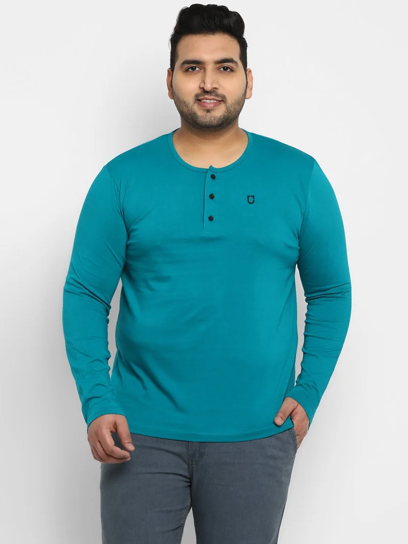 Urbano Plus Men's Teal Green Solid Henley Neck Regular Fit Full Sleeve Cotton T-Shirt