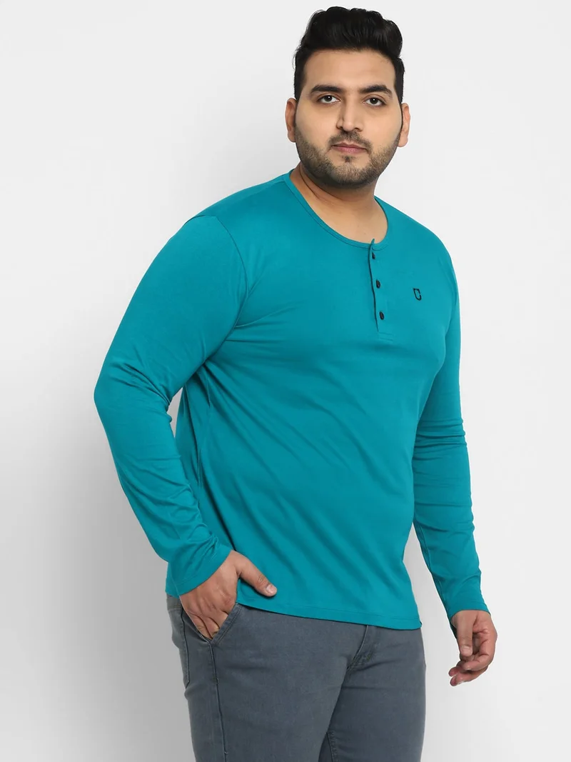 Urbano Fashion  Urbano Plus Men's Teal Green Solid Henley Neck Regular Fit Full Sleeve Cotton T-Shirt  | Best Price UAE