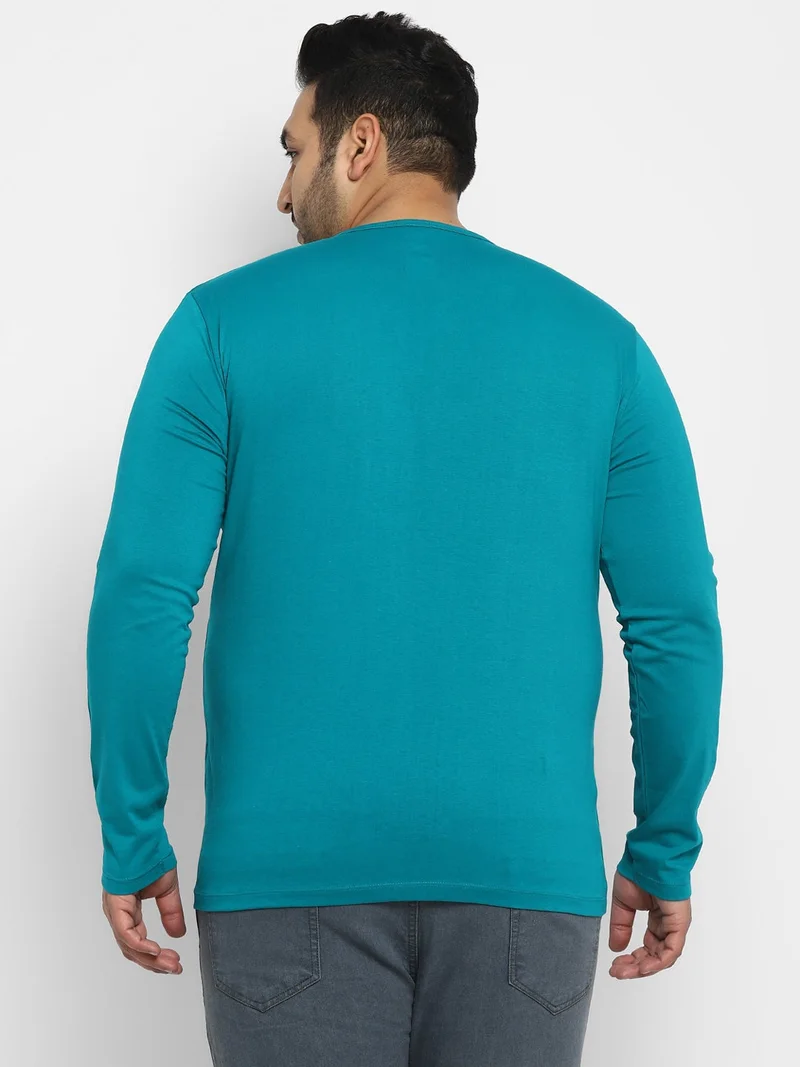 Urbano Fashion  Urbano Plus Men's Teal Green Solid Henley Neck Regular Fit Full Sleeve Cotton T-Shirt  | Best Price UAE