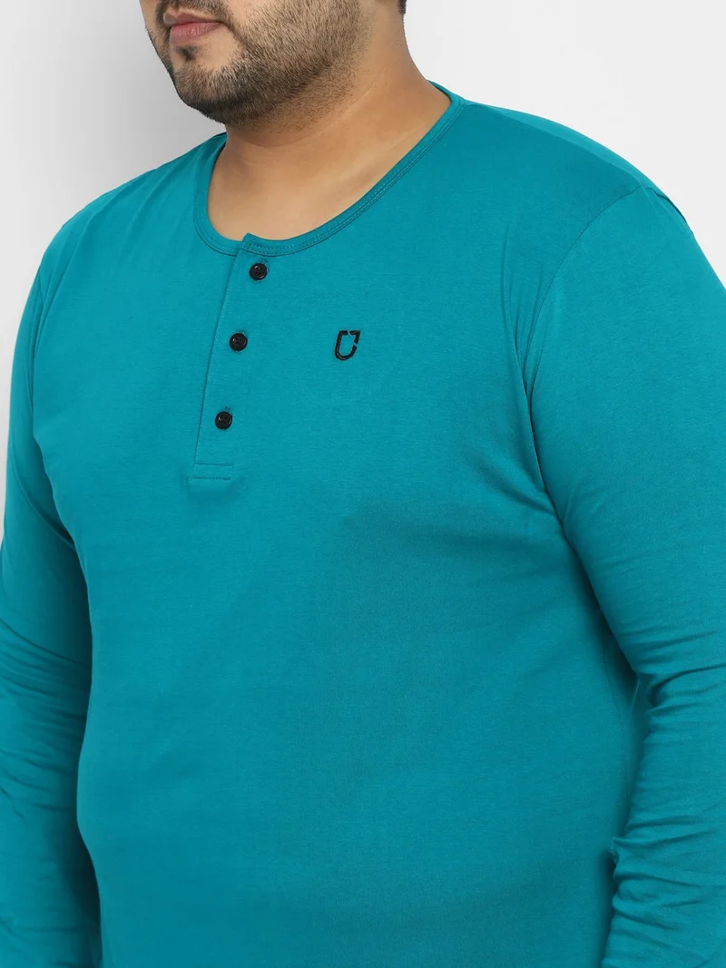 Urbano Fashion  Urbano Plus Men's Teal Green Solid Henley Neck Regular Fit Full Sleeve Cotton T-Shirt  | Best Price UAE