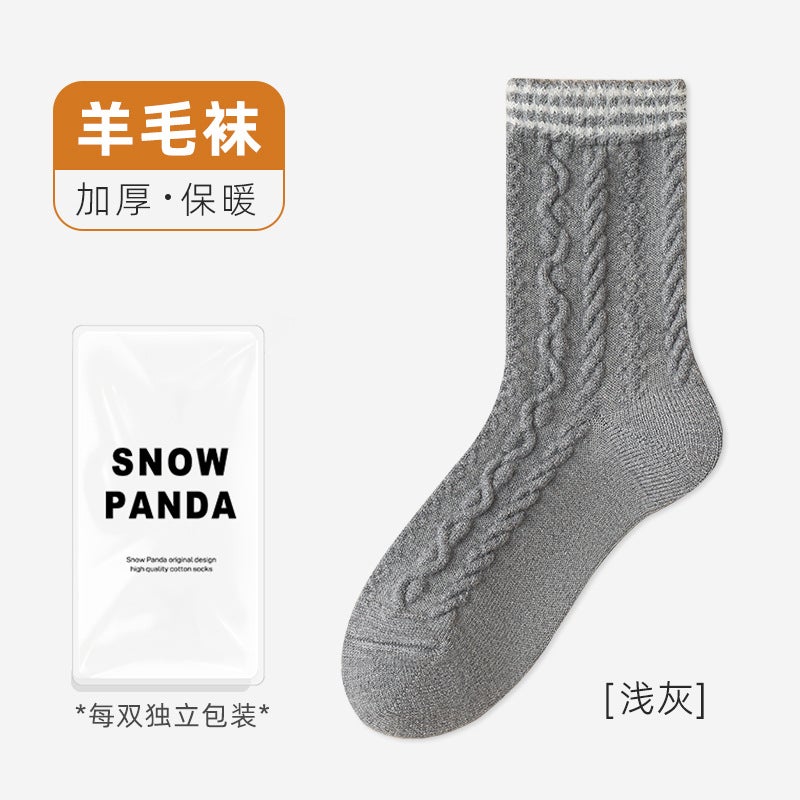 Wool Socks Women Twisted Pattern Japanese Style Thick Warm Winter Light gray - Image 1