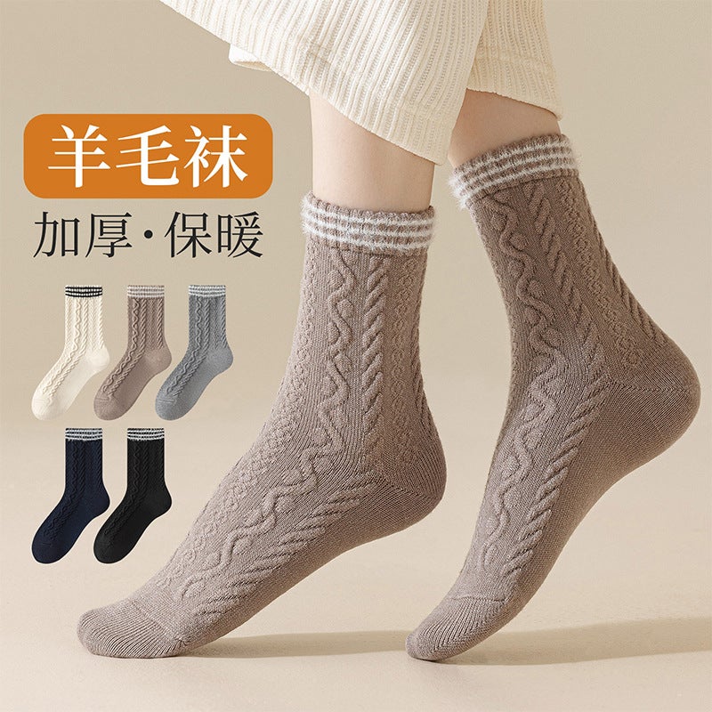 Wool Socks Women Twisted Pattern Japanese Style Thick Warm Winter Light gray - Image 4