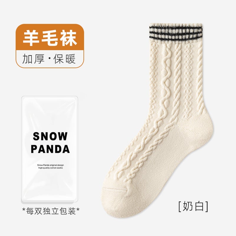 Wool Socks Women Twisted Pattern Japanese Style Thick Warm Winter Light gray - Image 3