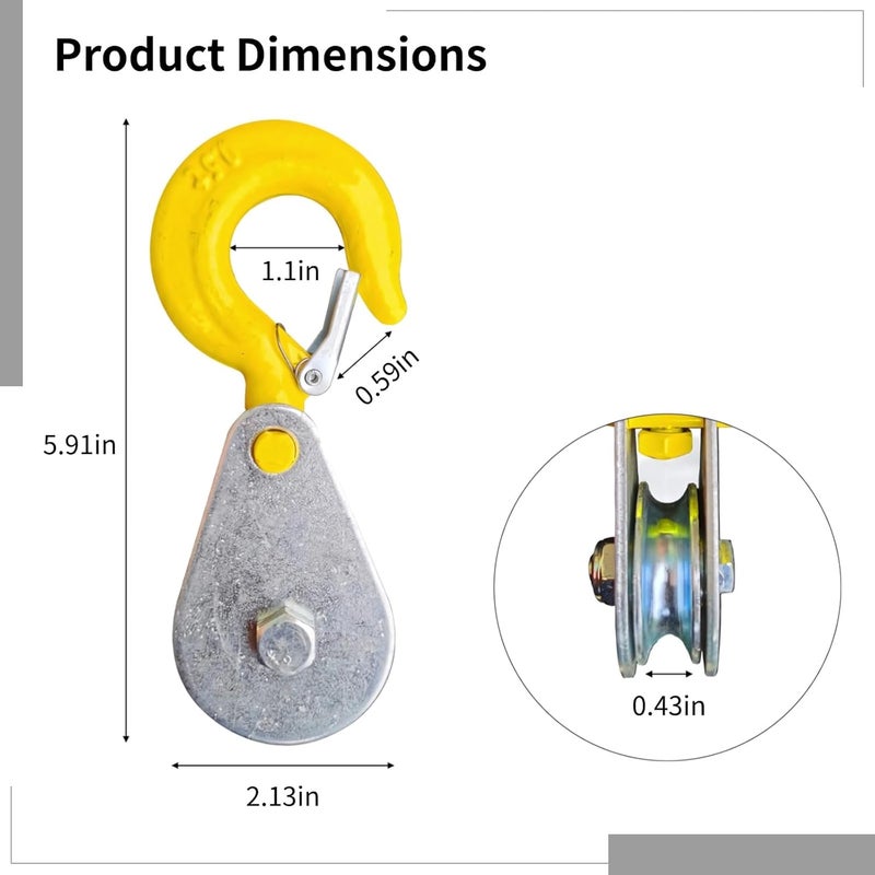 Hook Pulley Block, 0.5 Ton (1102 Lbs) Lifting Capacity, Steel Swivel Hook, Heavy Duty Lifting, Fits Rope Diameter < 0.24 in (6 Mm), Zinc-Coated Anti-Rust - Image 2