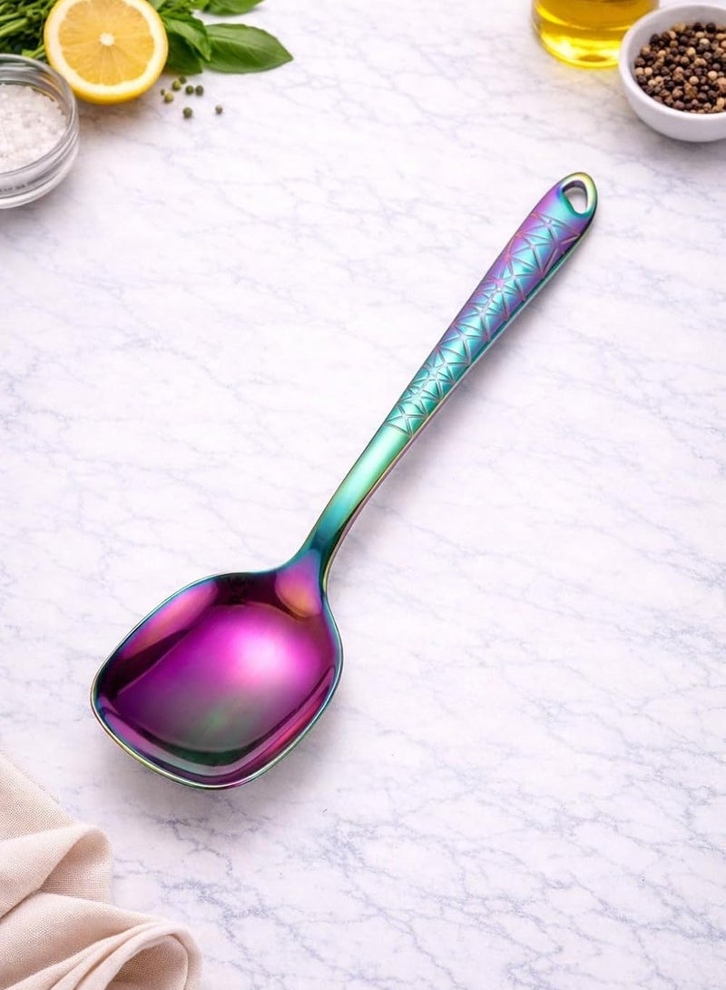أداة مطبخ من الفولاذ المقاوم للصدأ، مقاومة للحرارة والصدأ، بمقبض مريح، آمنة للغسل في غسالة الأطباق للاستخدام اليومي (ملعقة تقديم بألوان قوس قزح) - Image 1