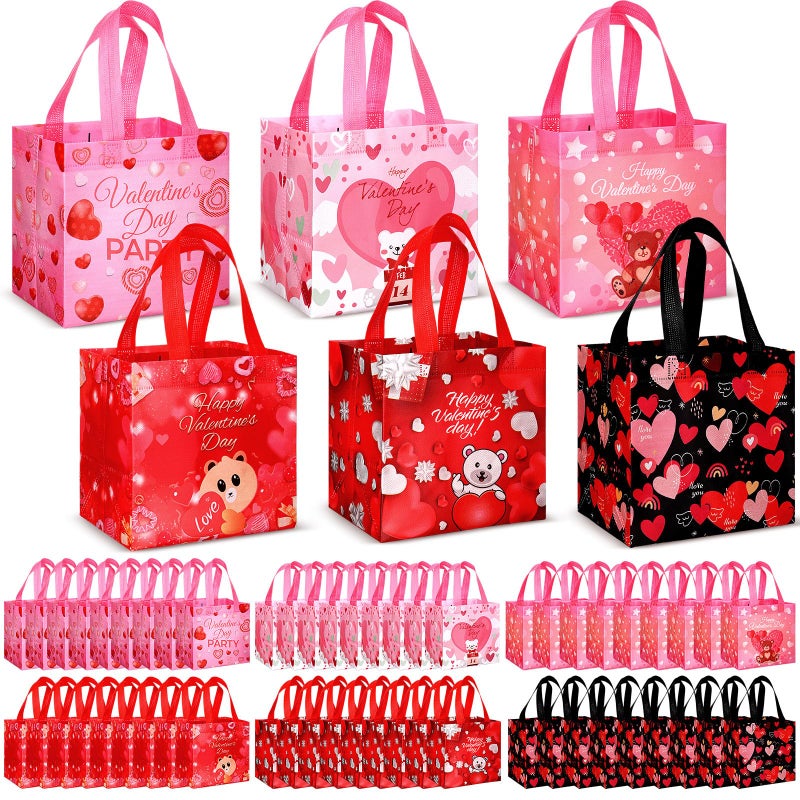 Clysee 60 Pcs Valentine's Day Gift Bags with Handles Non Woven Reusable Treat Bags Waterproof Tote Bags for Kids Gift Wrapping - Image 1