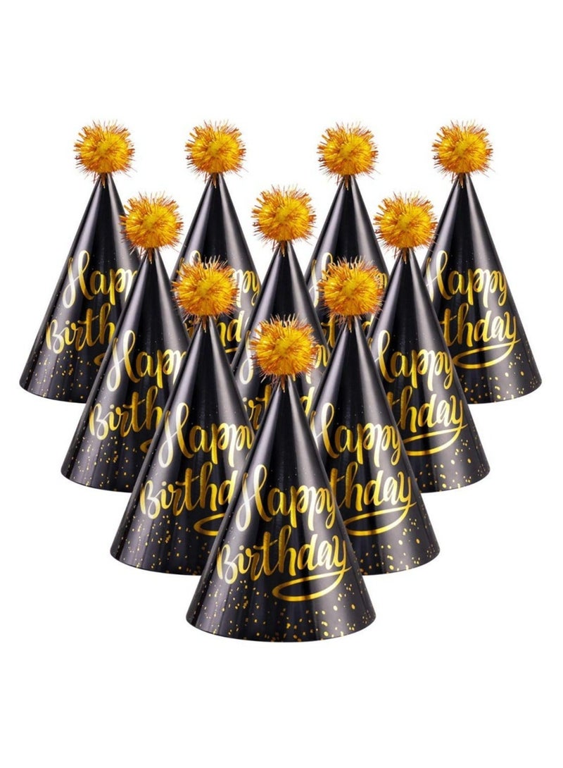كابتن تيك Birthday Party Hats Fun Celebration Kit of 10 Black and Gold Happy Cone for Kids Supplies Decorations - Image 1