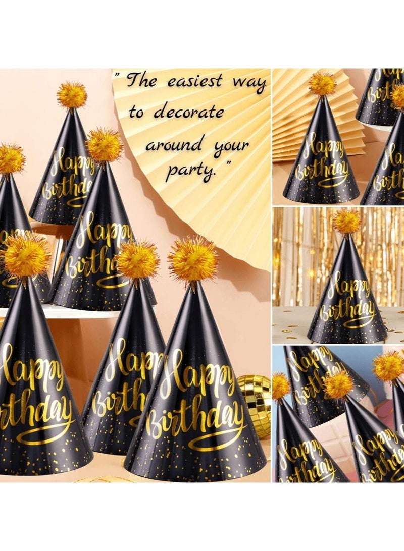 كابتن تيك Birthday Party Hats Fun Celebration Kit of 10 Black and Gold Happy Cone for Kids Supplies Decorations - Image 2