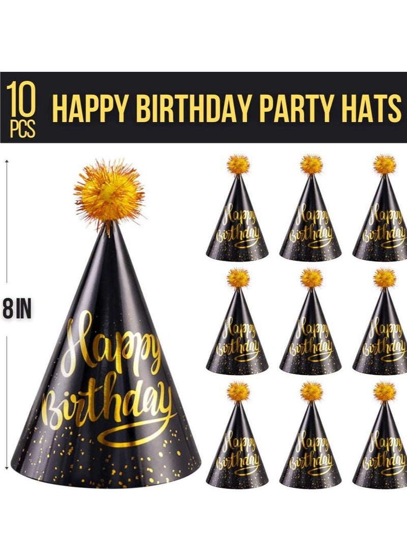 كابتن تيك Birthday Party Hats Fun Celebration Kit of 10 Black and Gold Happy Cone for Kids Supplies Decorations - Image 4