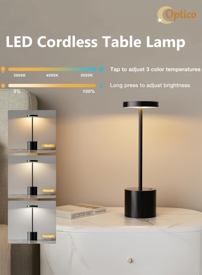 Optico LED Cordless Table Lamp, Rechargeable Touch Lamp 3 Color Stepless Dimming Battery Operated Lamp Portable Desk Lamp Bedside Lamp Night Light Table Light Portable Indoor /Outdoor Lamp for Restaurant, Patio, Bedroom, Outdoor - Black - Image 1
