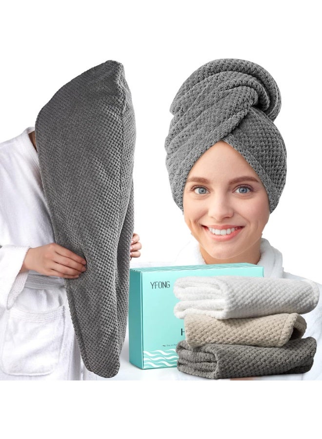 YFONG 3 Pack Large Microfiber Hair Towel Wrap, 30" x 10" Anti Frizz Quick Dry Hair Towels for Women Long, Curly, Thick Hair, Super Absorbent Hair Turban for Wet Hair (Grey, White, Camel) - Image 1