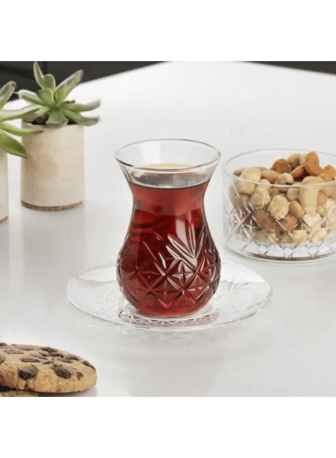 Pasabahce Timeless 12-Piece Turkish Tea Set – 6 Estekana Glasses (170ml) and 6 Matching Saucers – Made in Turkey - Image 3