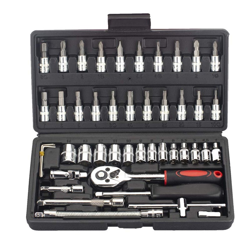 FLZOSPER 46Piece 14inch Screwdriver Drive Socket Bit Set Combination with Reversible Ratchet Wrench Tools Kit for Auto Repairing Household with Storage Case - Image 1