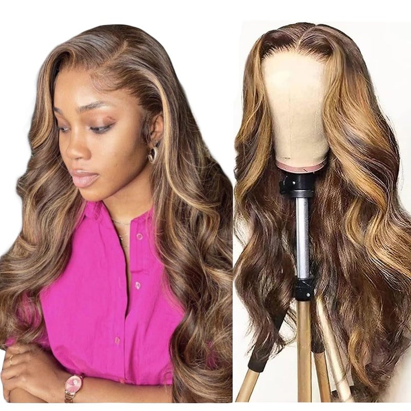 WOWQUEEN Ombre Lace Front Wig Human Hair 427 Highlight Honey Blonde 13x4 HD Transparent Lace Front Wigs Human Hair Pre Plucked Colored Glueless Body Wave Frontal Wigs for Women 180 Density 24 Inch