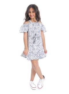 Andora Off-Shoulders Girls Dress With Belt_ White & Blue  - Image 1