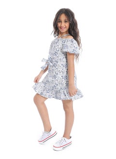 Andora Off-Shoulders Girls Dress With Belt_ White & Blue  - Image 2