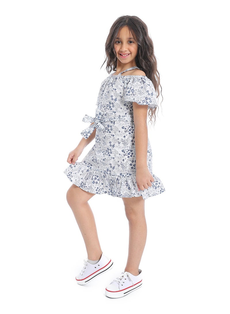 Andora Off-Shoulders Girls Dress With Belt_ White & Blue - Image 2