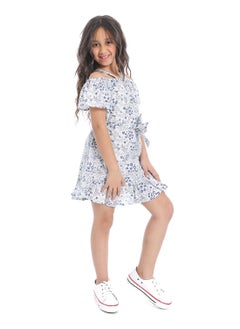 Andora Off-Shoulders Girls Dress With Belt_ White & Blue  - Image 3