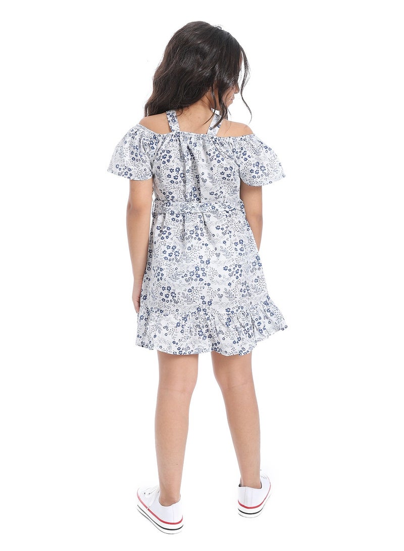 Andora Off-Shoulders Girls Dress With Belt_ White & Blue - Image 4