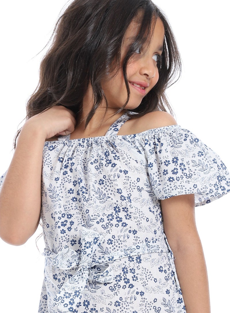 Andora Off-Shoulders Girls Dress With Belt_ White & Blue - Image 5