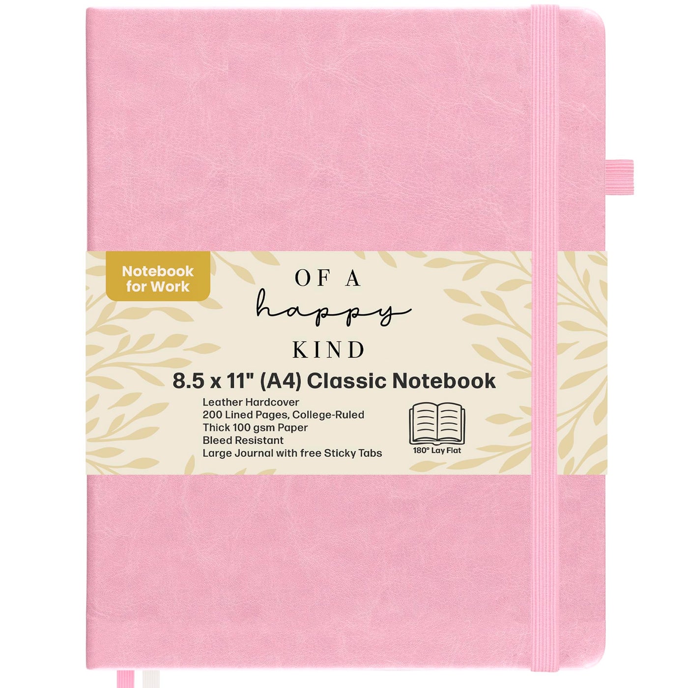 Of a Happy Kind Classic Lined Journal Notebook 8.5x11" A4 Hardcover Leather - Pink - 200 Pages College Ruled Large with Sticky Tabs, Pockets, and Pen Loop for Writing and Journaling - Big Hardback Men