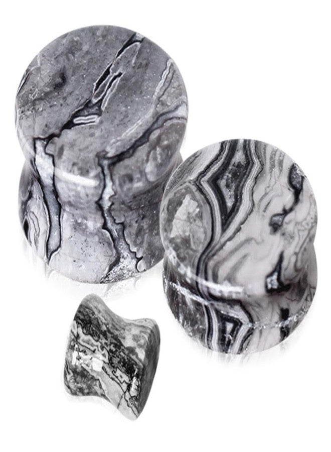 Pierced Owl Grey Wave Jasper Natural Stone Saddle Plugs, Sold as a Pair (25mm (1")) - Image 1