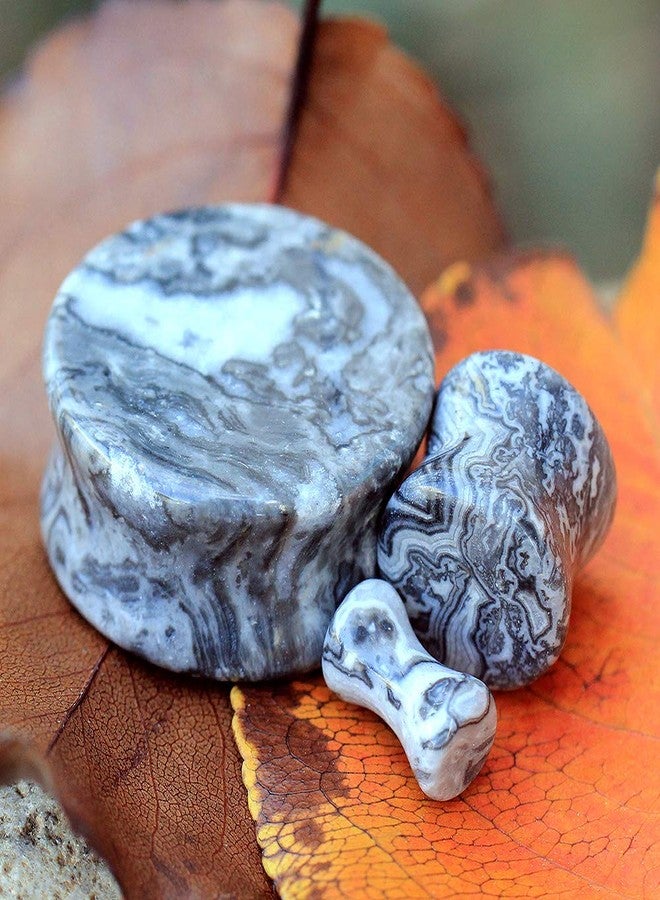 Pierced Owl Grey Wave Jasper Natural Stone Saddle Plugs, Sold as a Pair (25mm (1")) - Image 5