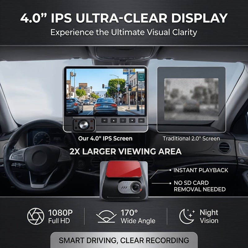 مسجل أمامي داخلي للسيارة مزدوج بدقة HD 4.0 IPS - Image 3