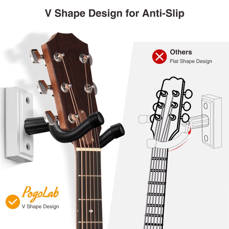 POGOLAB Guitar Wall Mount Hanger 2 Pack, Guitar Wall Hanger Holder Hook Bracket Stand, Guitar Hanger, Guitar Wall Mount, for Acoustic Electric Guitar Bass Ukulele Banjo Mandolin (White) - Image 2